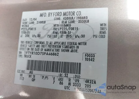 2005 Ford Ranger Xl/Xls/Xlt из США, поврежденный, VIN 1FTYR10D75PA46862